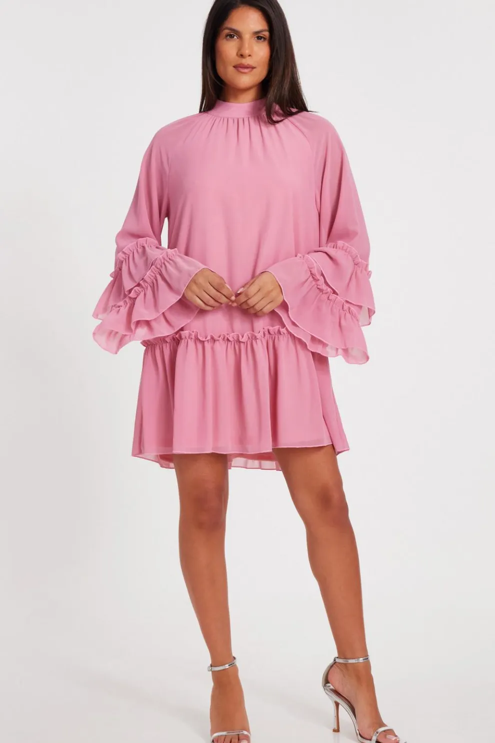 Pink Chiffon Frill Mini Dress