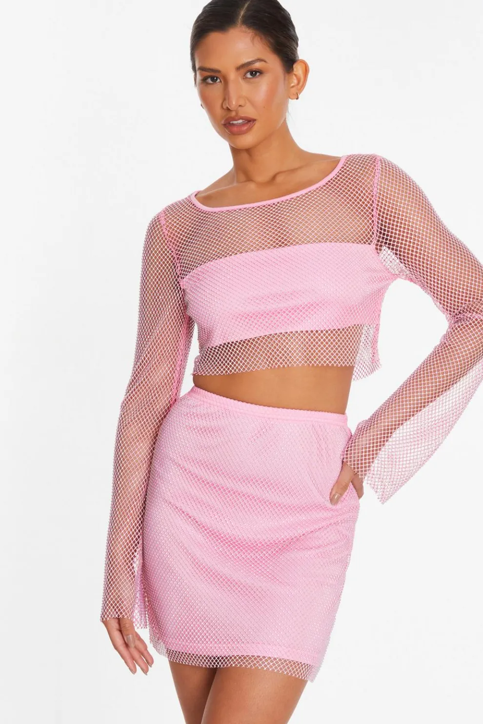 Pink Diamante Embellished Mesh Crop Top