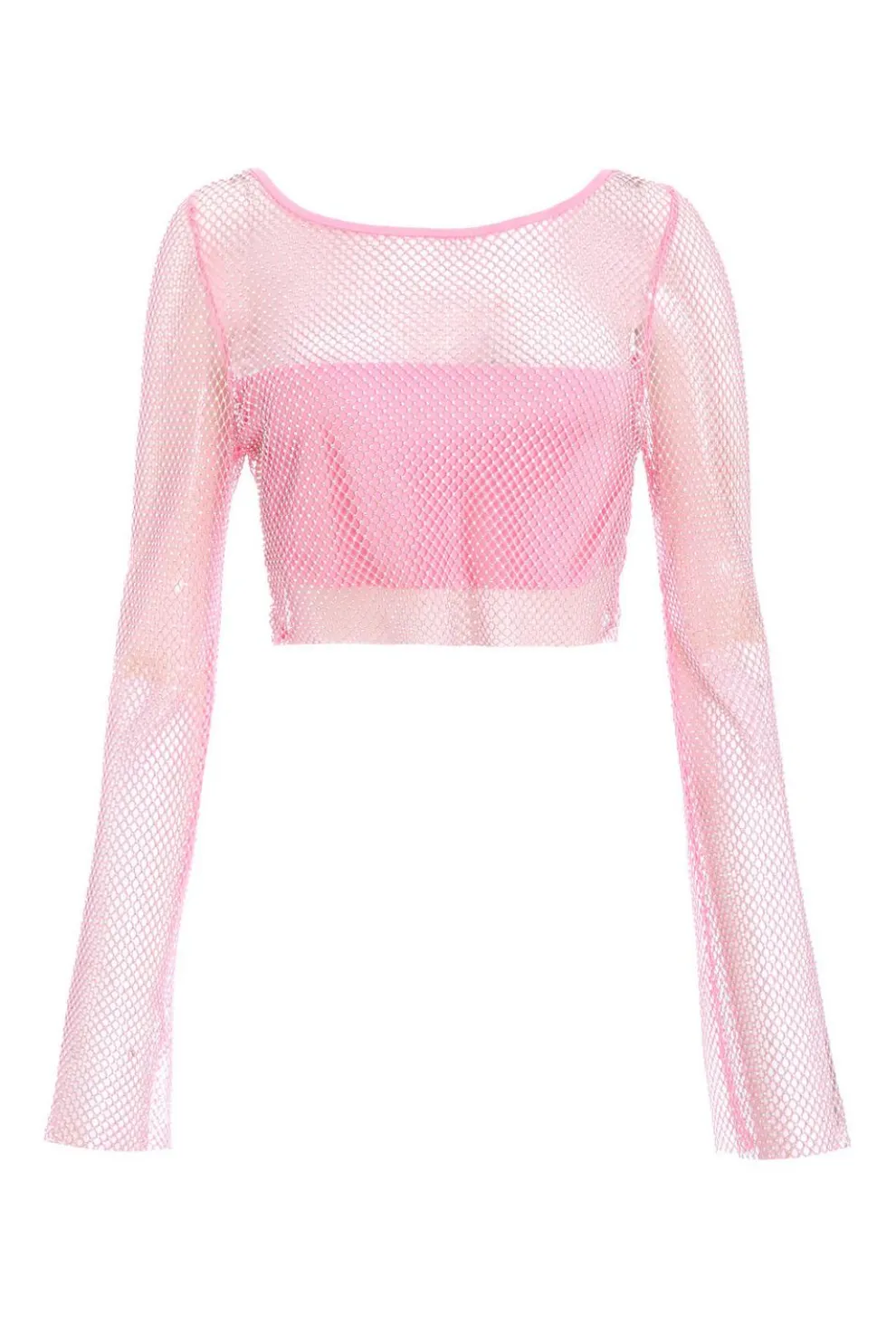 Pink Diamante Embellished Mesh Crop Top