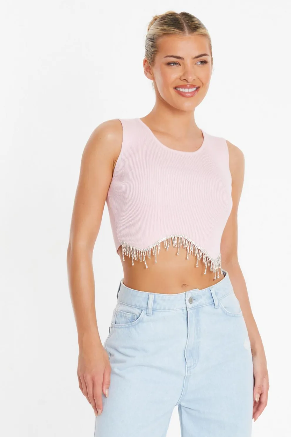 Pink Diamante Trim Crop Top