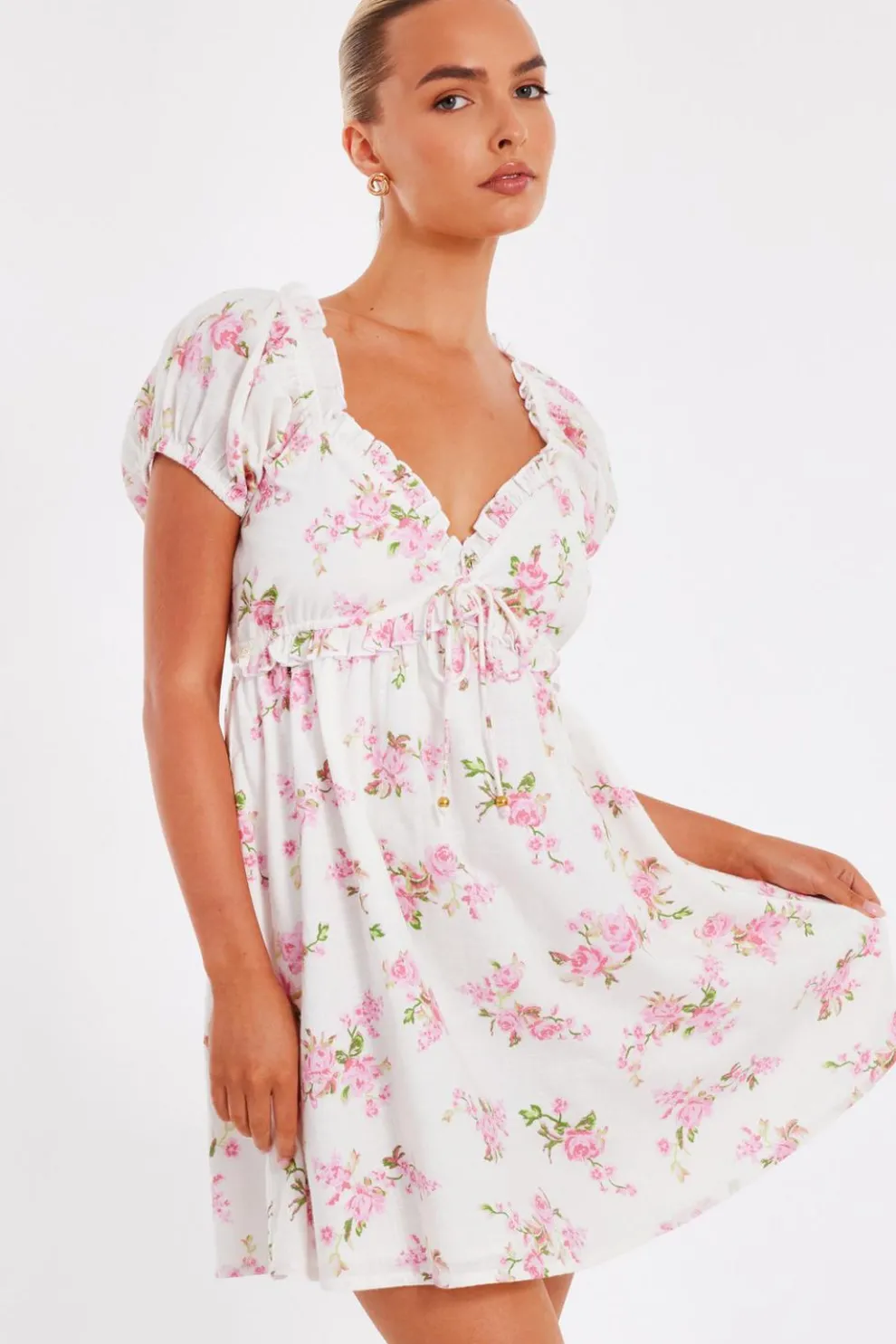 Pink Floral Puff Sleeve Mini Dress