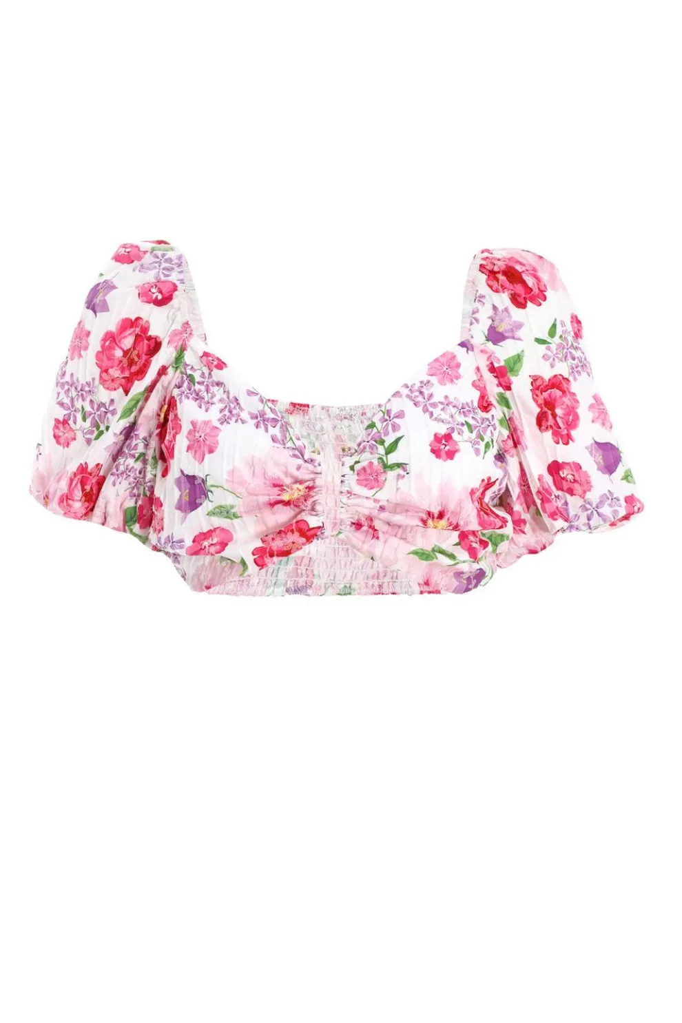 Pink Floral Puff Sleeve Crop Top