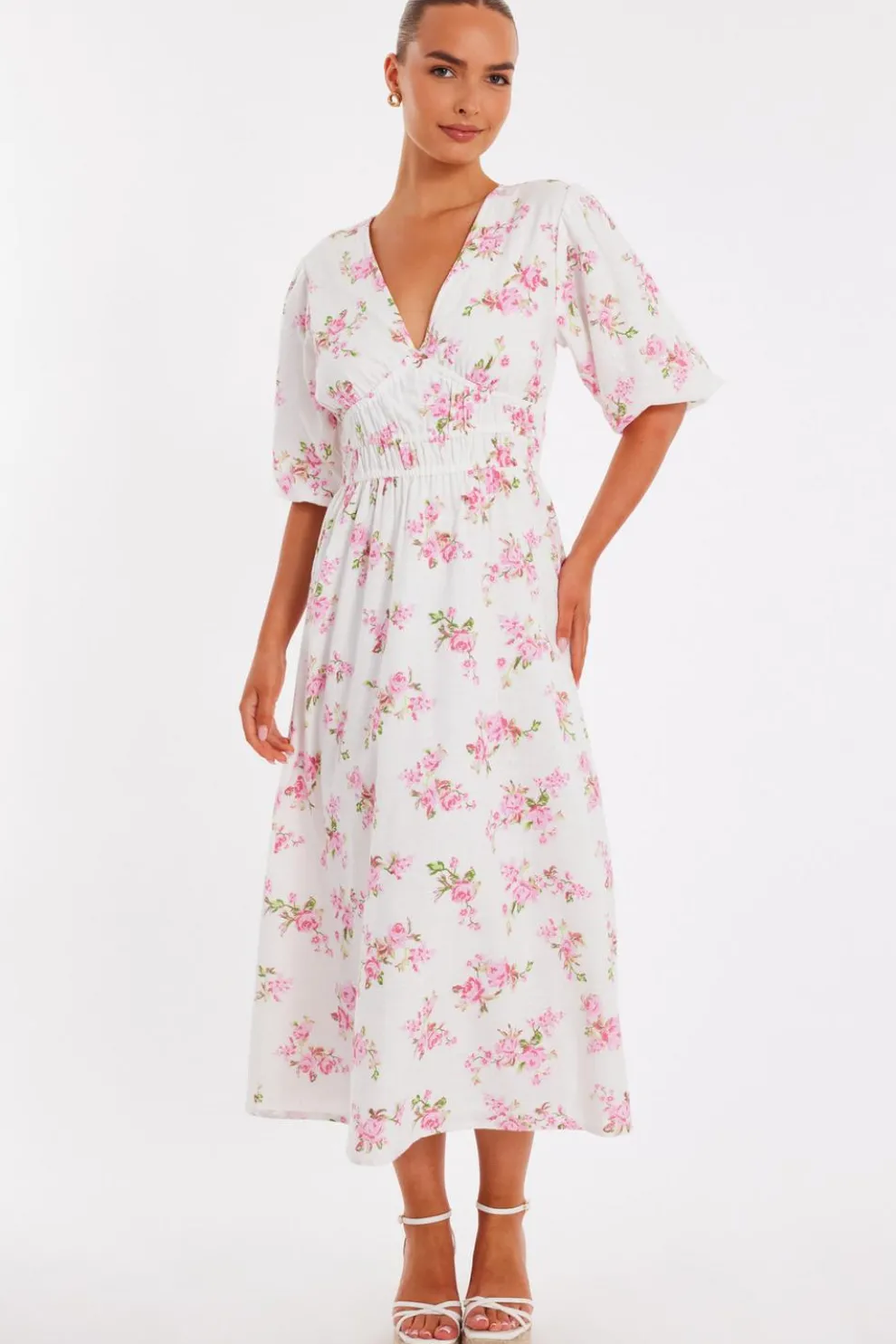 Pink Floral V-Neck Midi Dress