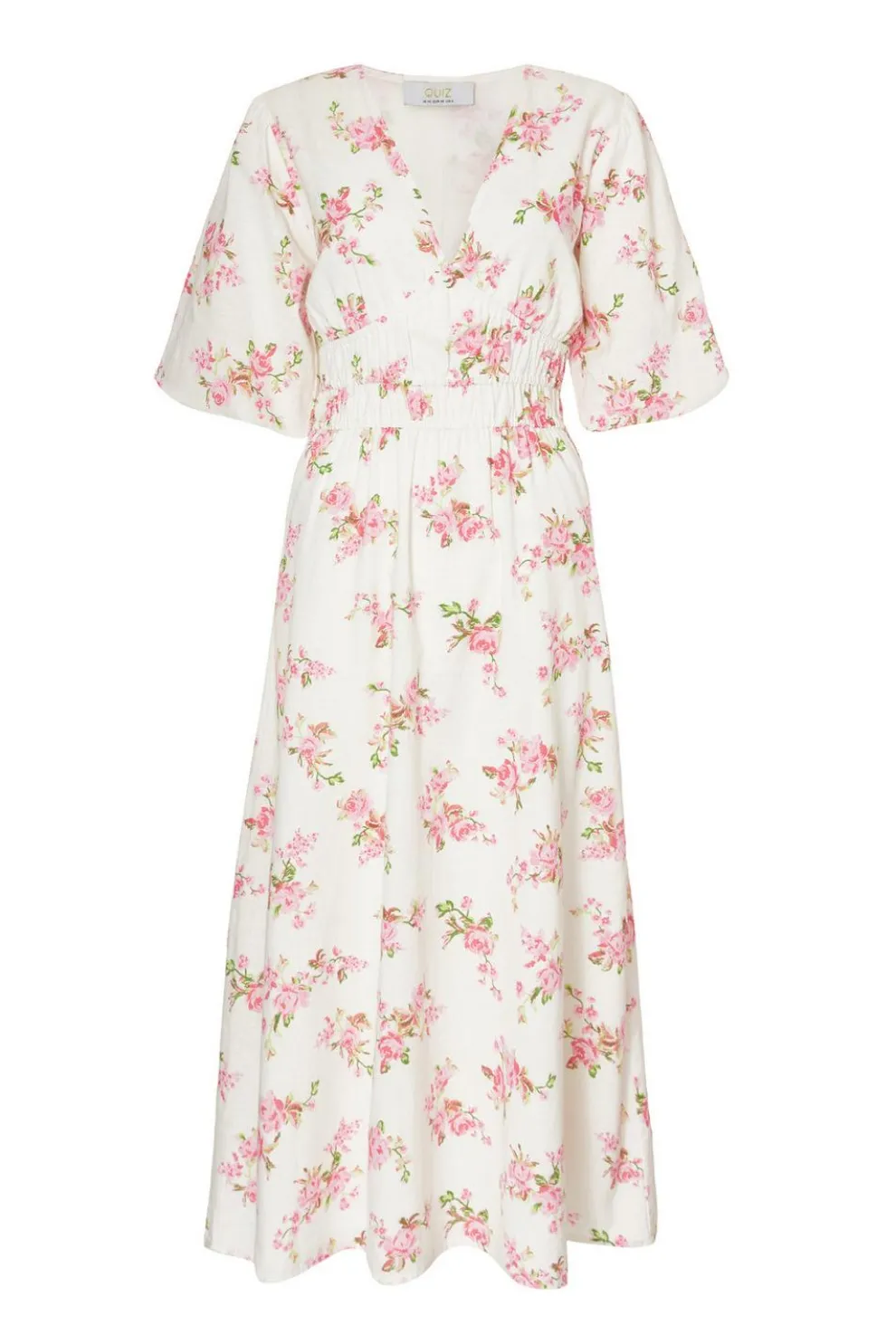 Pink Floral V-Neck Midi Dress