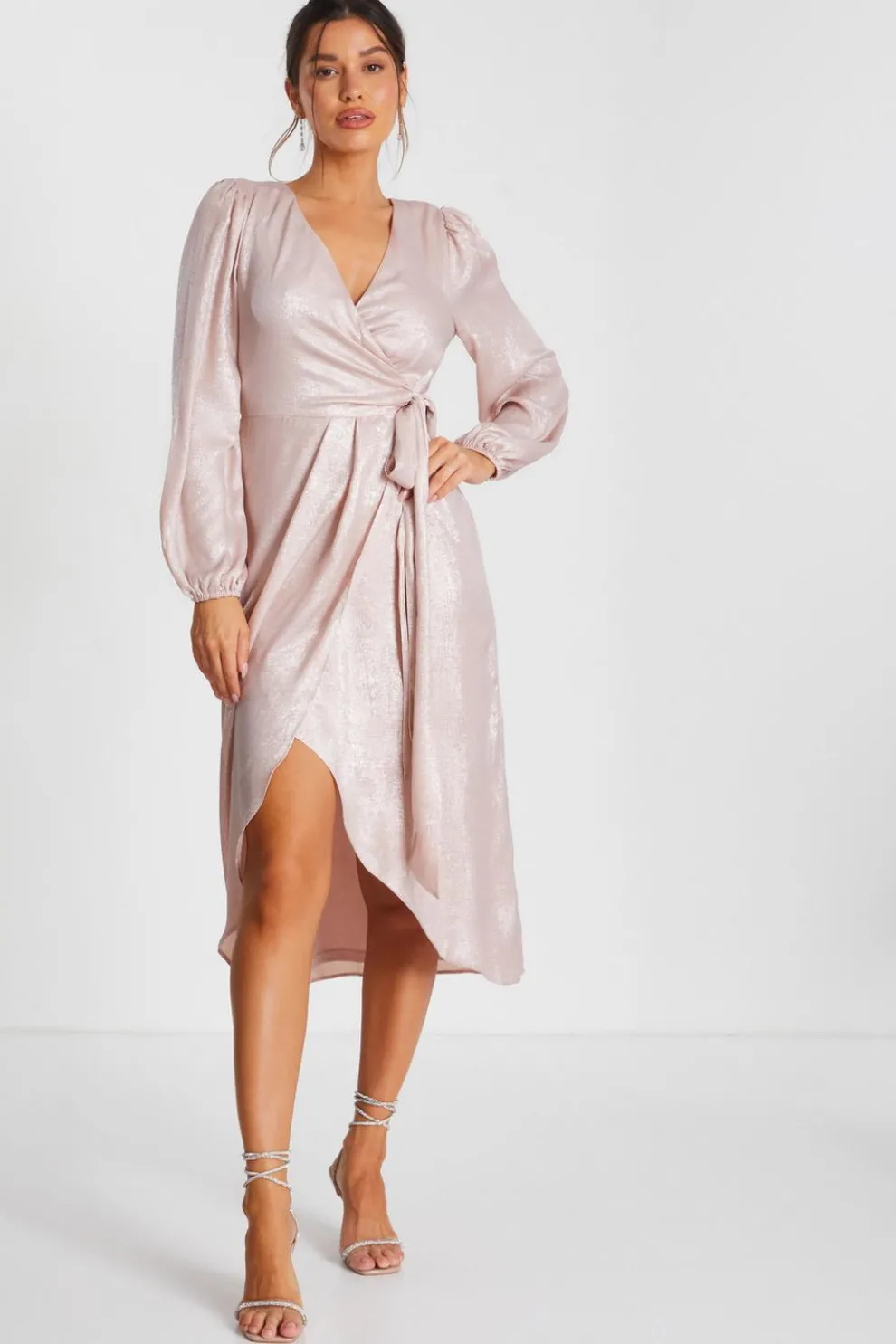 Pink Foil Wrap Midi Dress