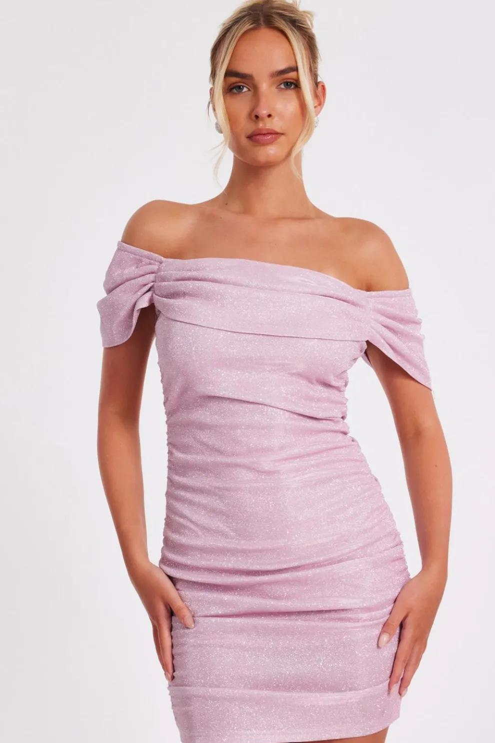 Pink Glitter Bardot Mini Dress
