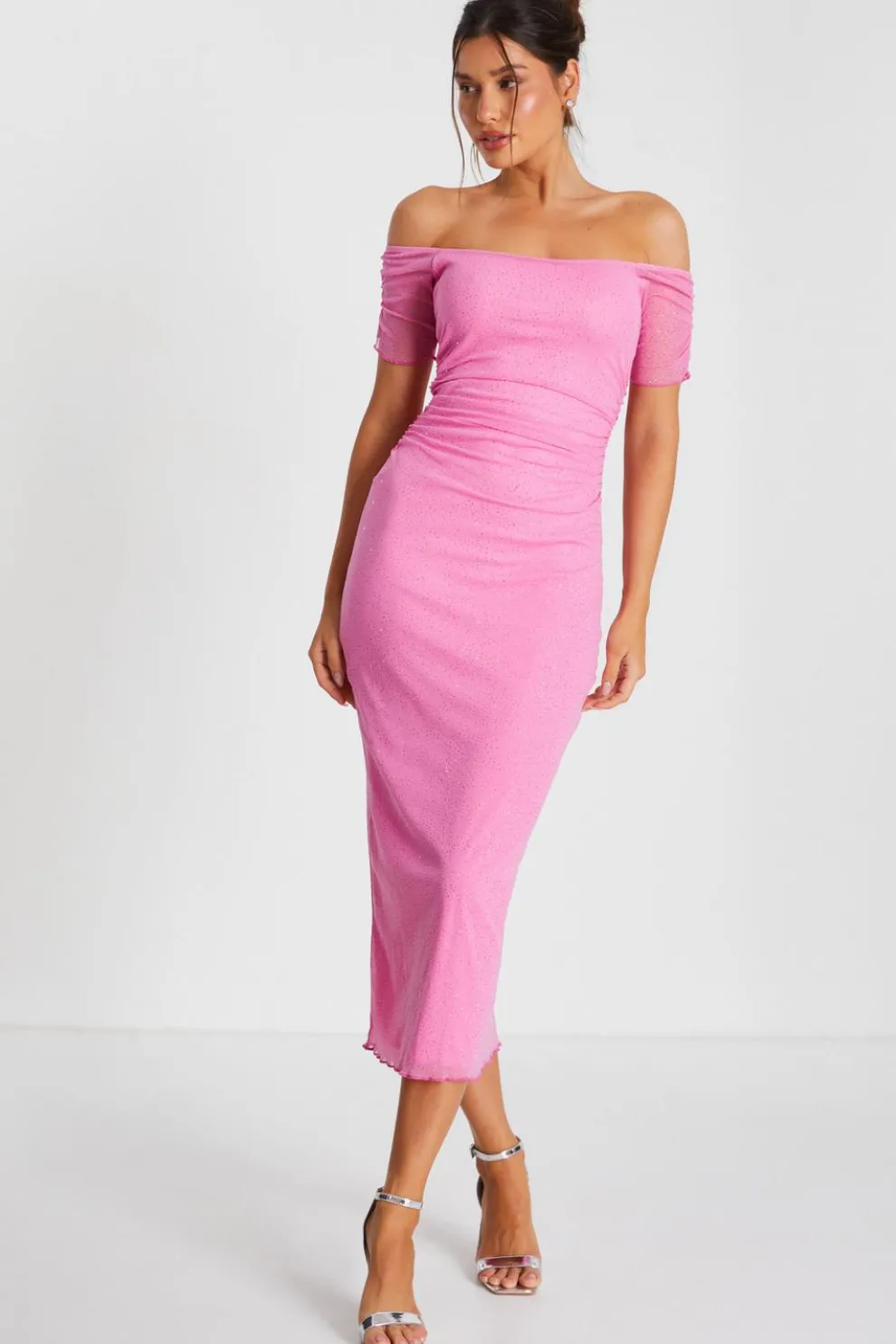 Pink Glitter Mesh Bardot Midaxi Dress