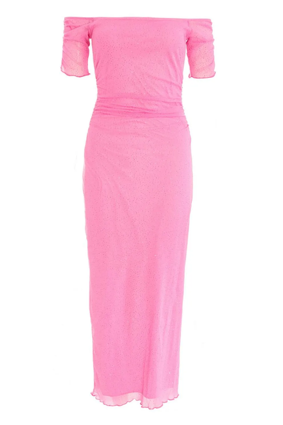 Pink Glitter Mesh Bardot Midaxi Dress