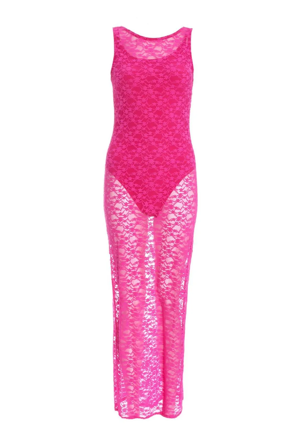 Pink Lace Mesh Midaxi Dress