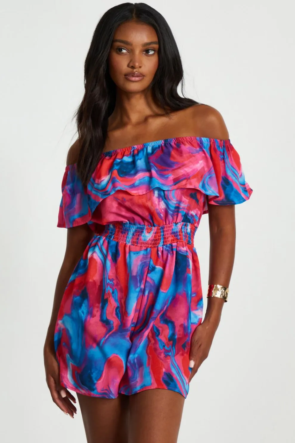 Pink Marble Print Bardot Playsuit