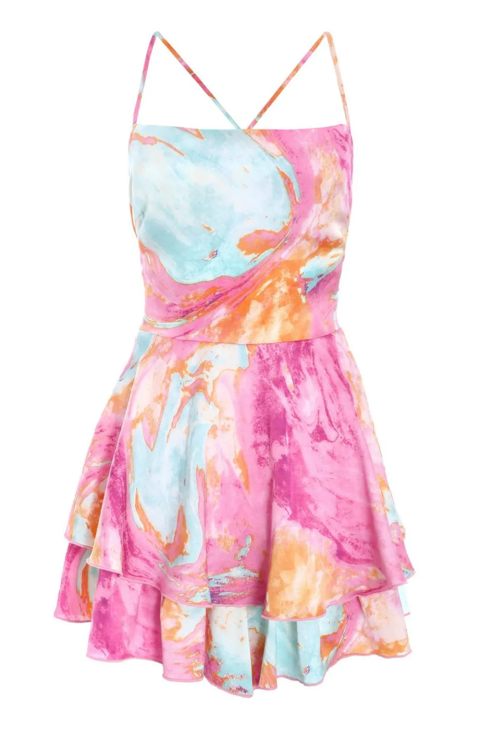 Pink Marble Print Satin Tiered Playsuit