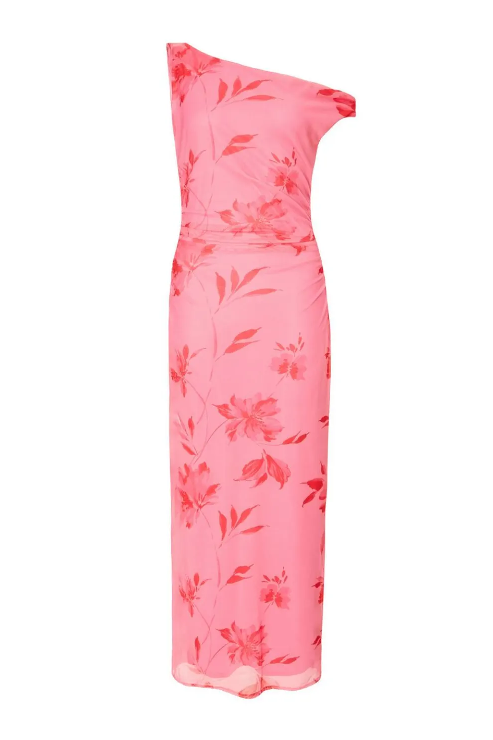 Pink Mesh Floral Print Midaxi Dress