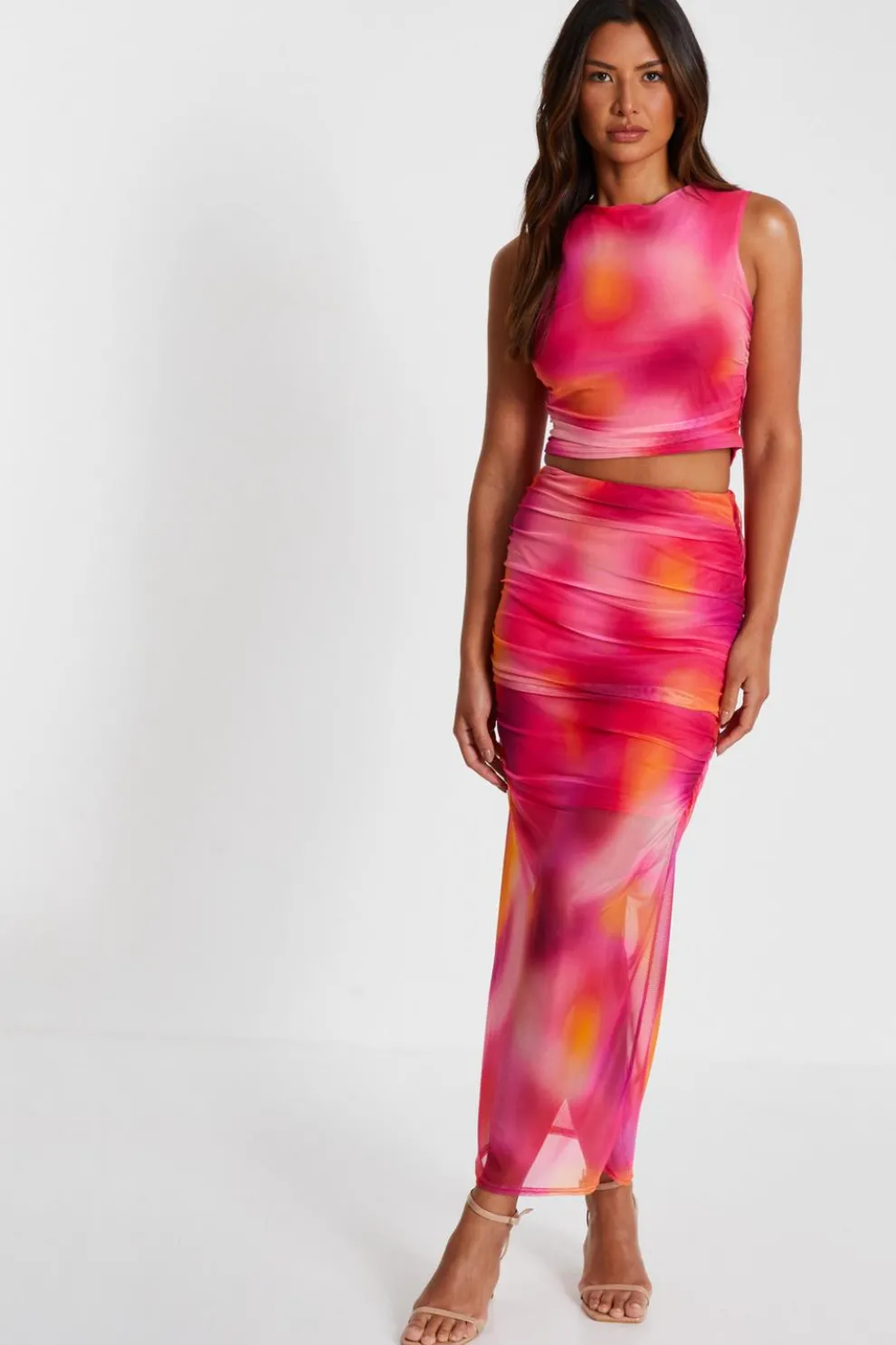 Pink Mesh Ombre Print Crop Top