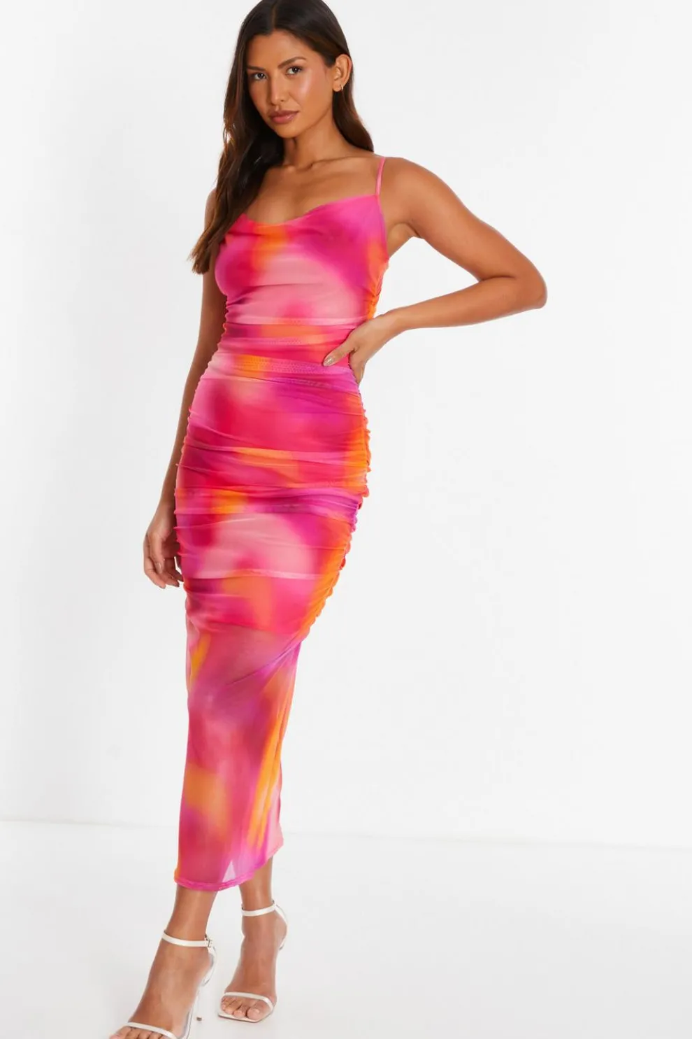 Pink Print Mesh Cowl Neck Midaxi Dress