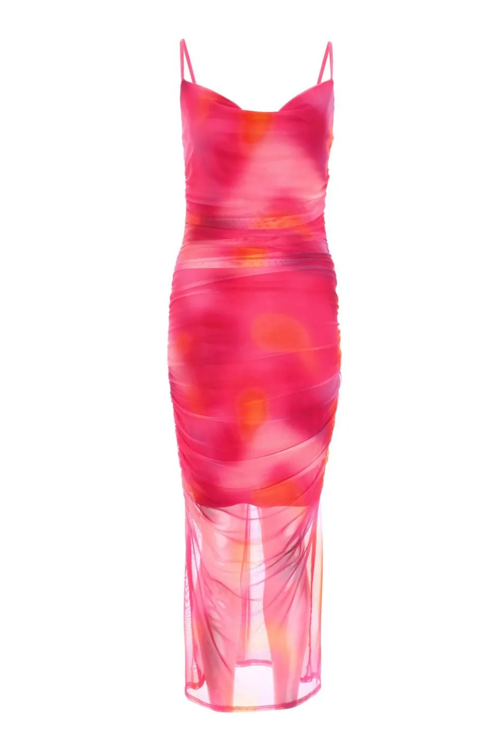 Pink Print Mesh Cowl Neck Midaxi Dress