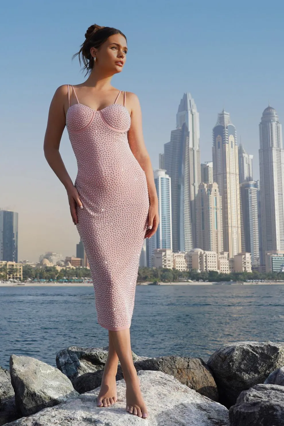 Pink Rhinestone Bodycon Midi Dress