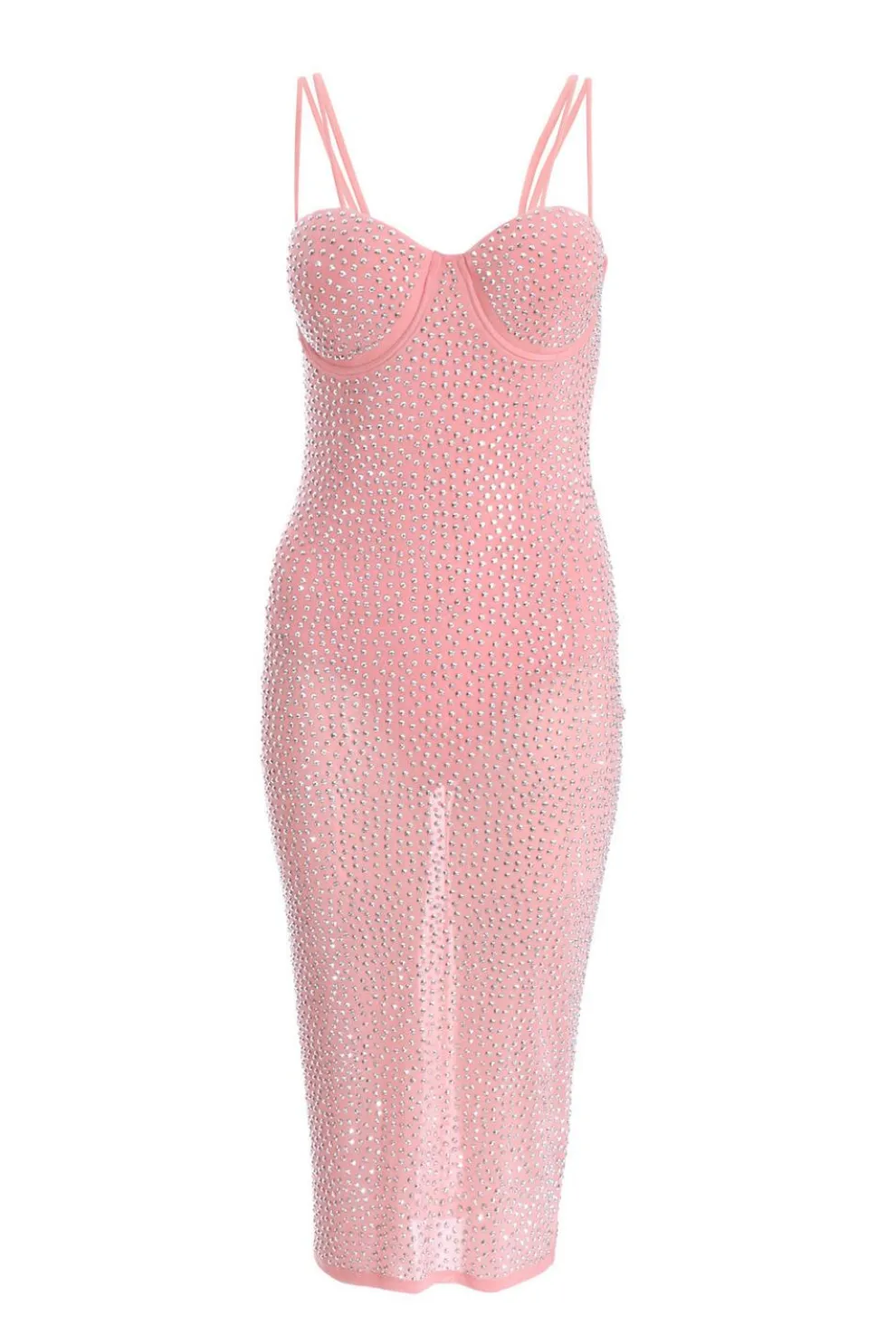 Pink Rhinestone Bodycon Midi Dress