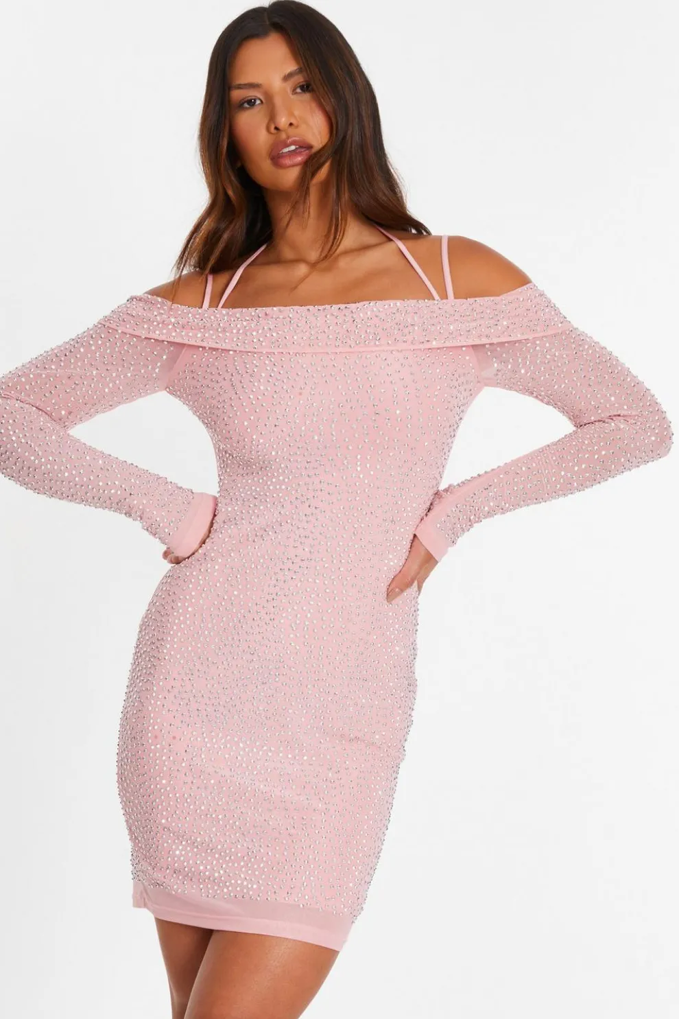 Pink Rhinestone Cold Shoulder Dress