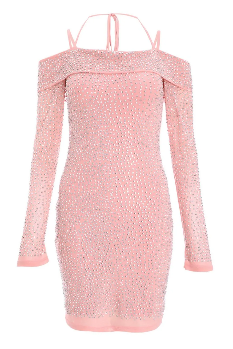 Pink Rhinestone Cold Shoulder Dress