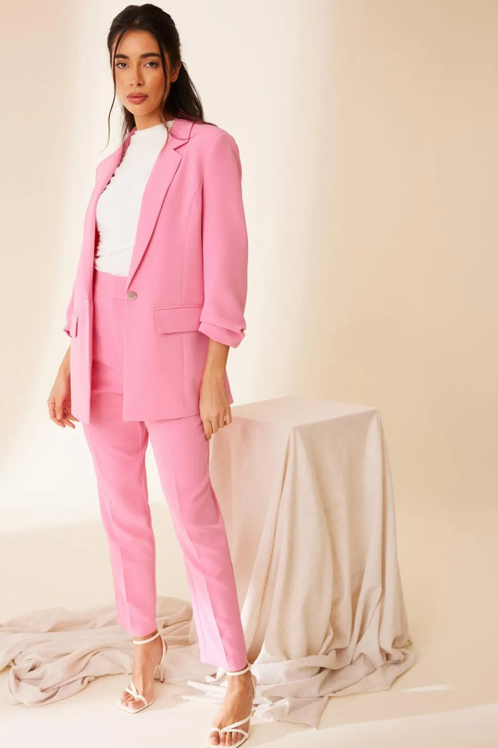 Pink Ruched Sleeve Blazer