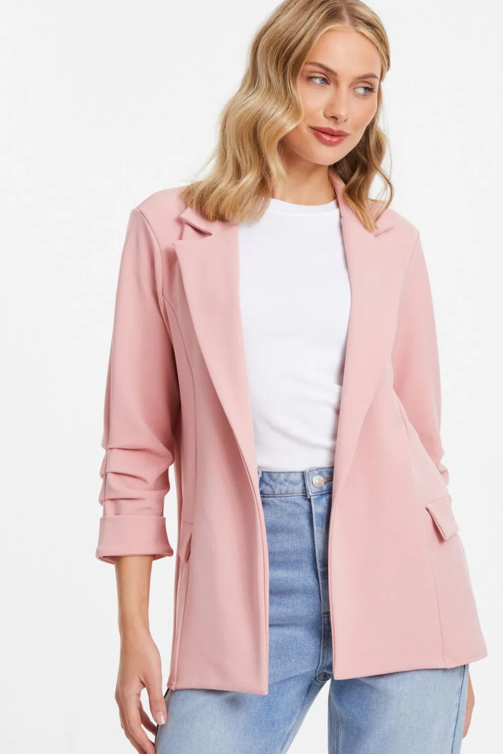 Pink Ruched Sleeve Blazer