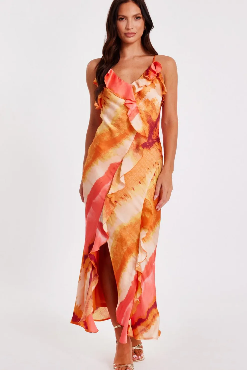 Pink Ruffle Printed Midaxi Dress