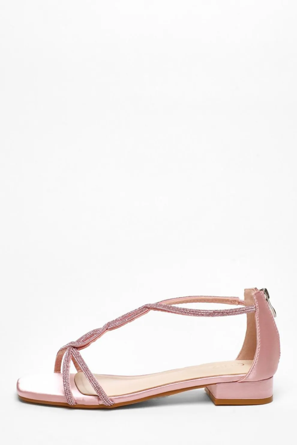 Pink Satin Diamante T-Strap Flat Sandals