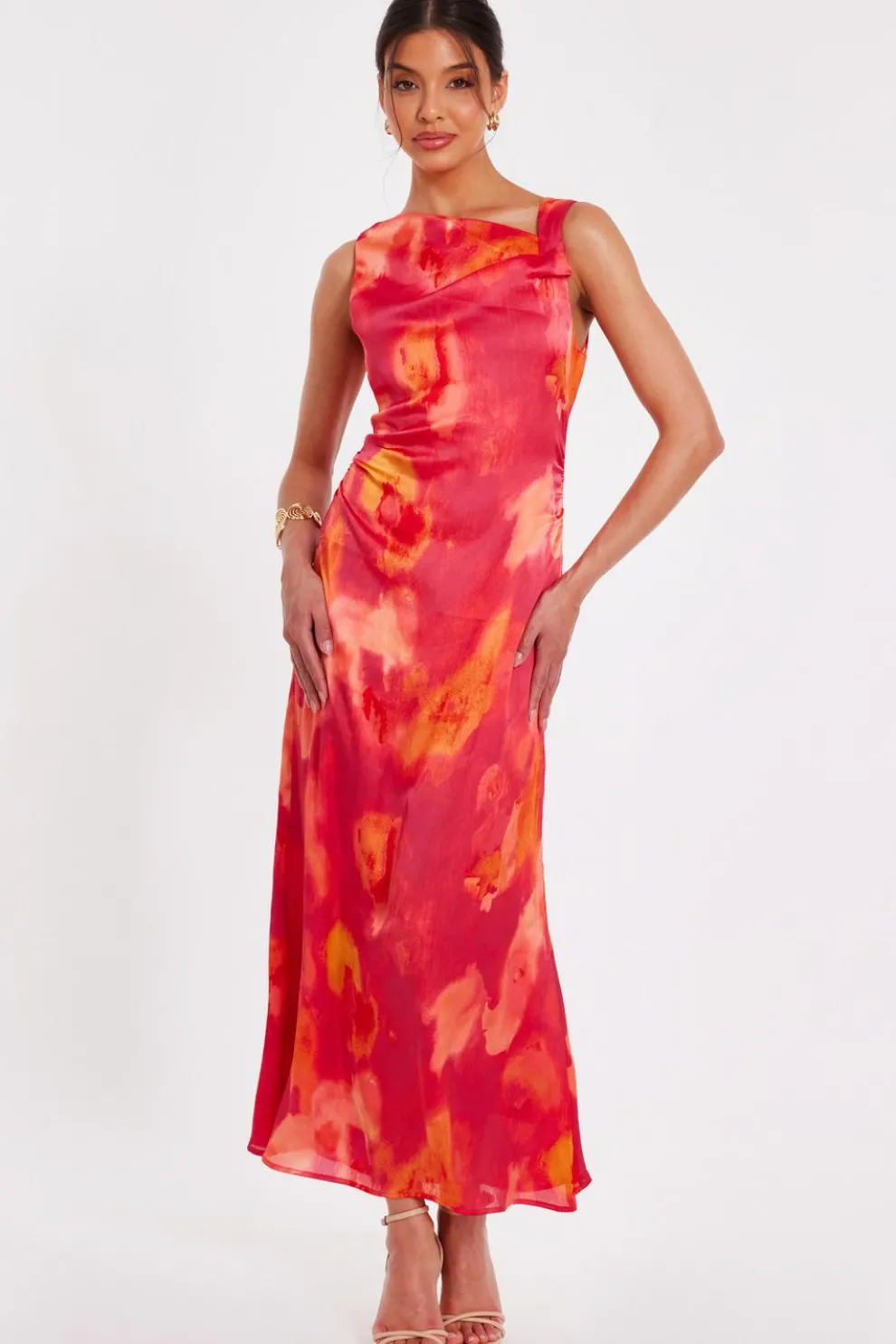 Pink Satin Marble Midaxi Dress