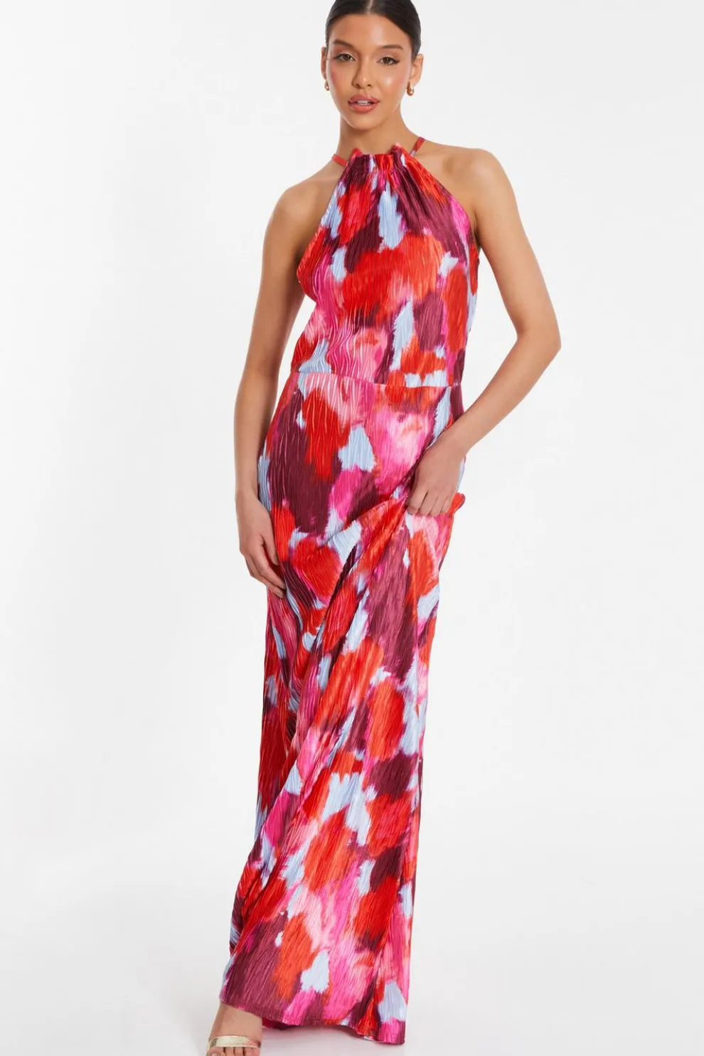 Red Abstract Print Pleated Maxi Dress