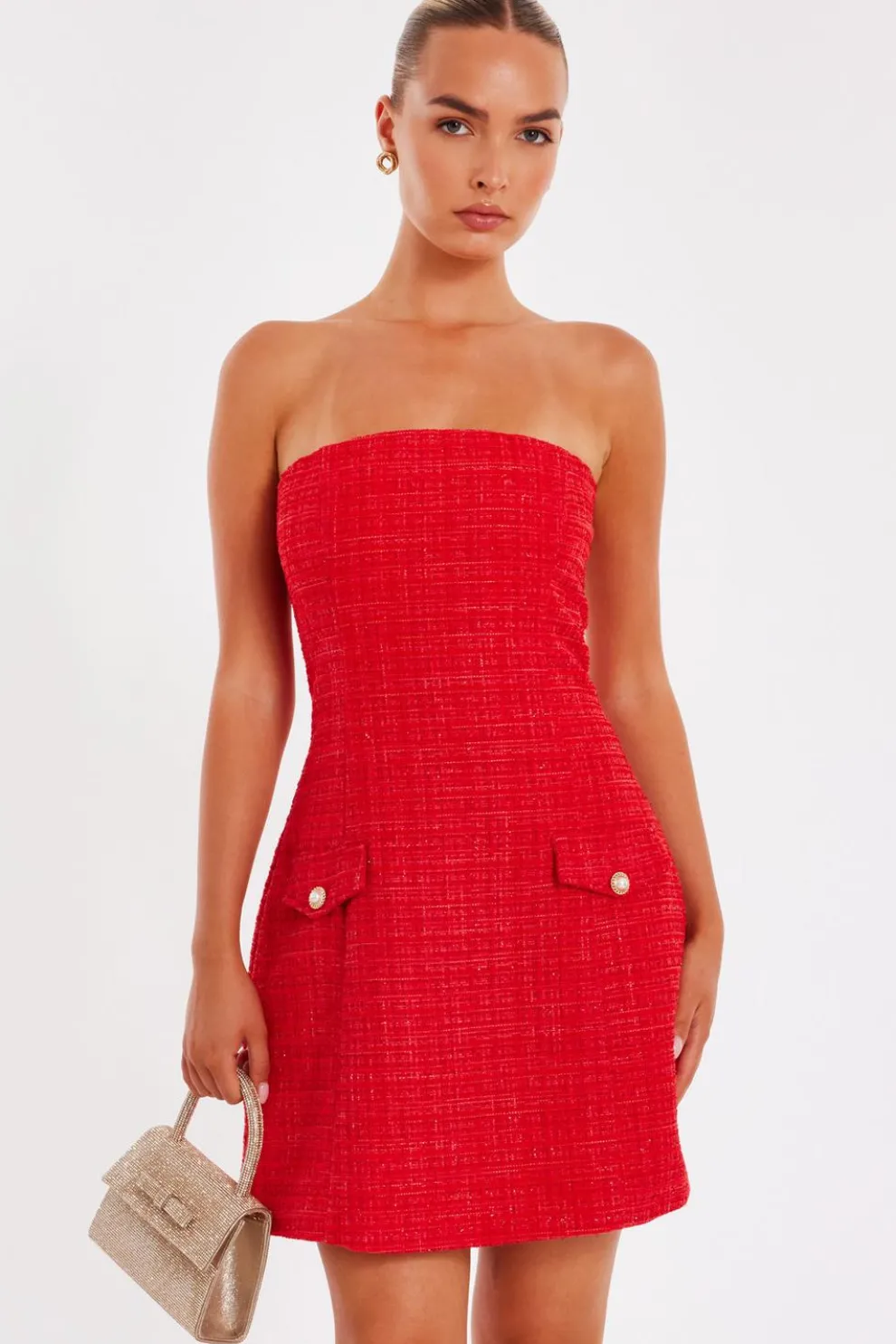 Red Boucle Bandeau Mini Dress