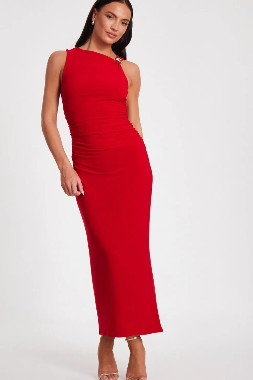 Red Buckle Detail Midaxi Dress