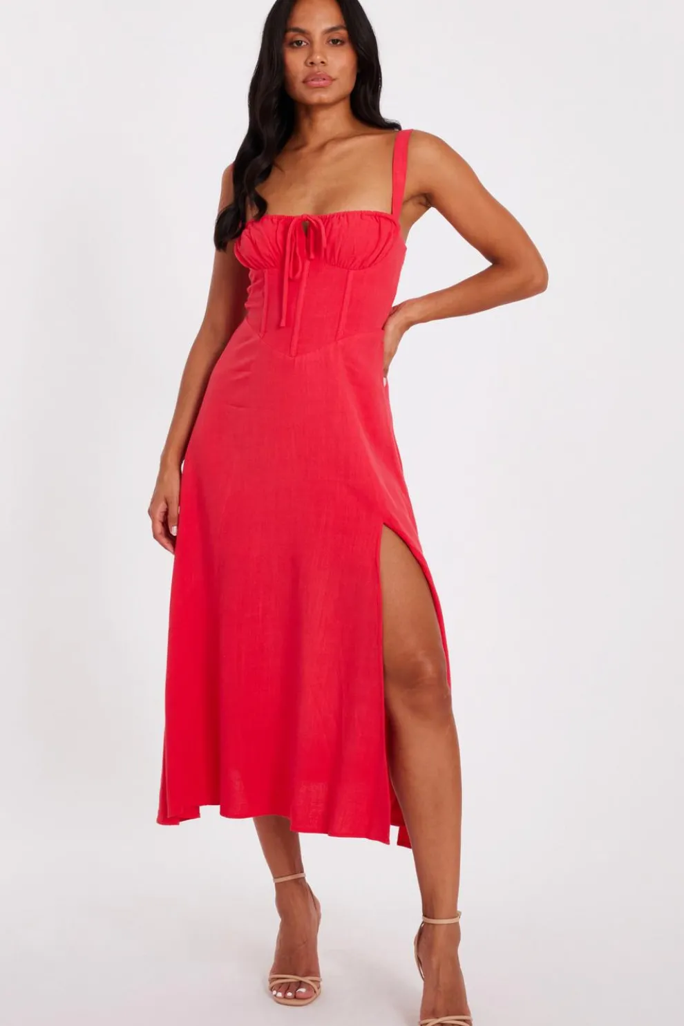 Red Corset Detail Midaxi Dress