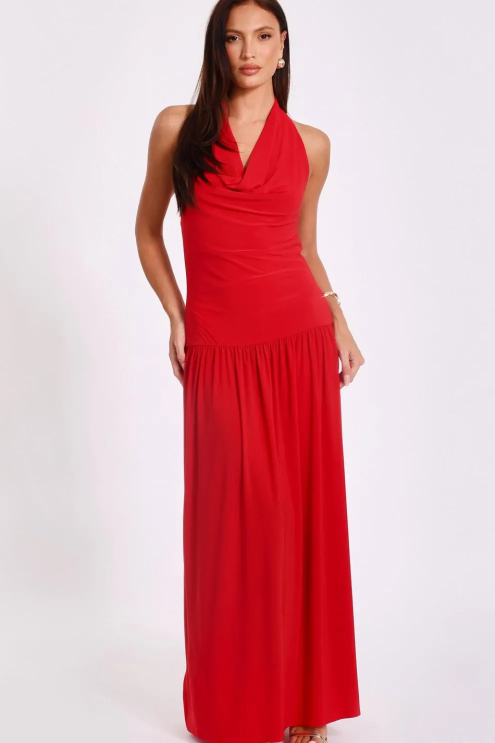 Red Cowl Neck Maxi Dress