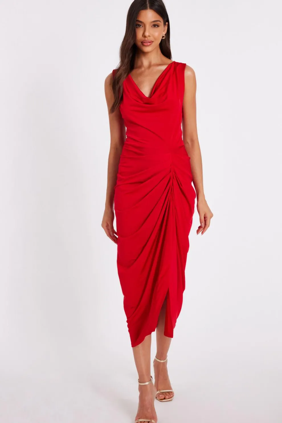 Red Cowl Neck Midi Dress