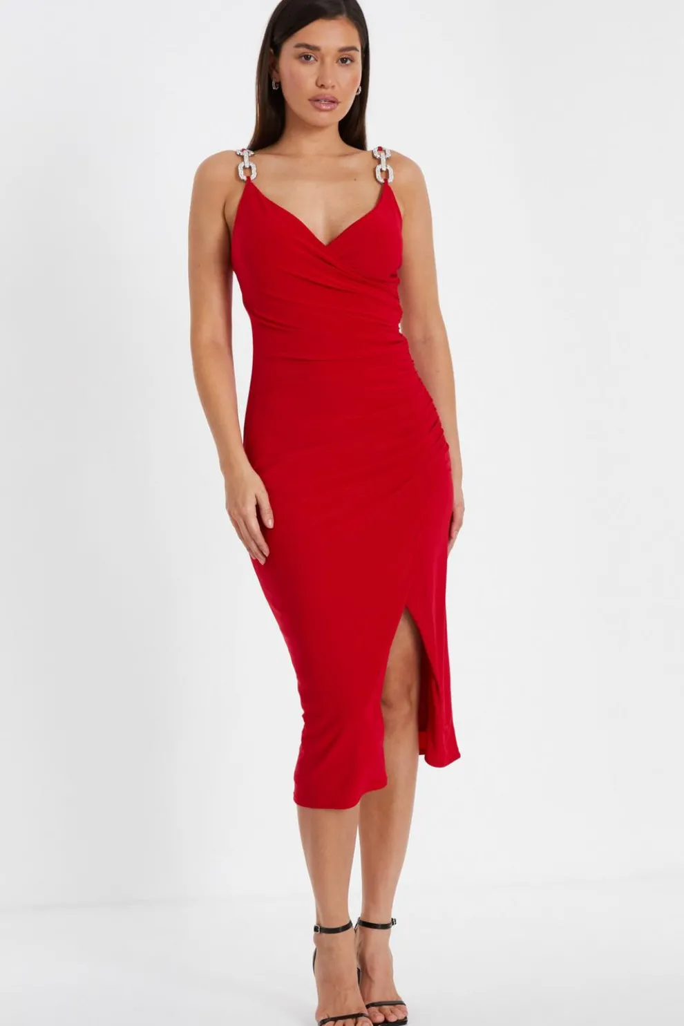 Red Diamante Strap Midi Dress