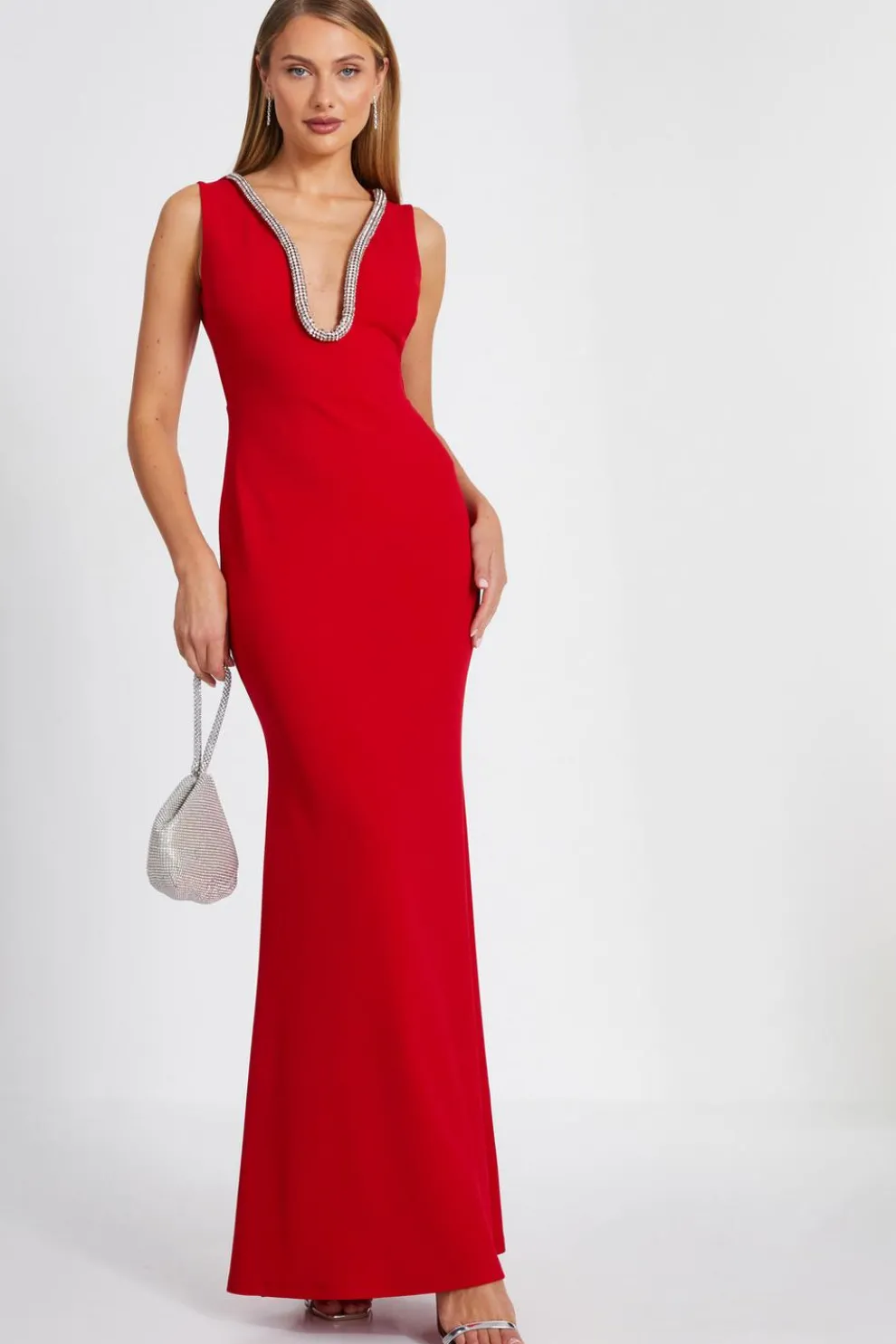 Red Diamante Trim Fishtail Maxi Dress