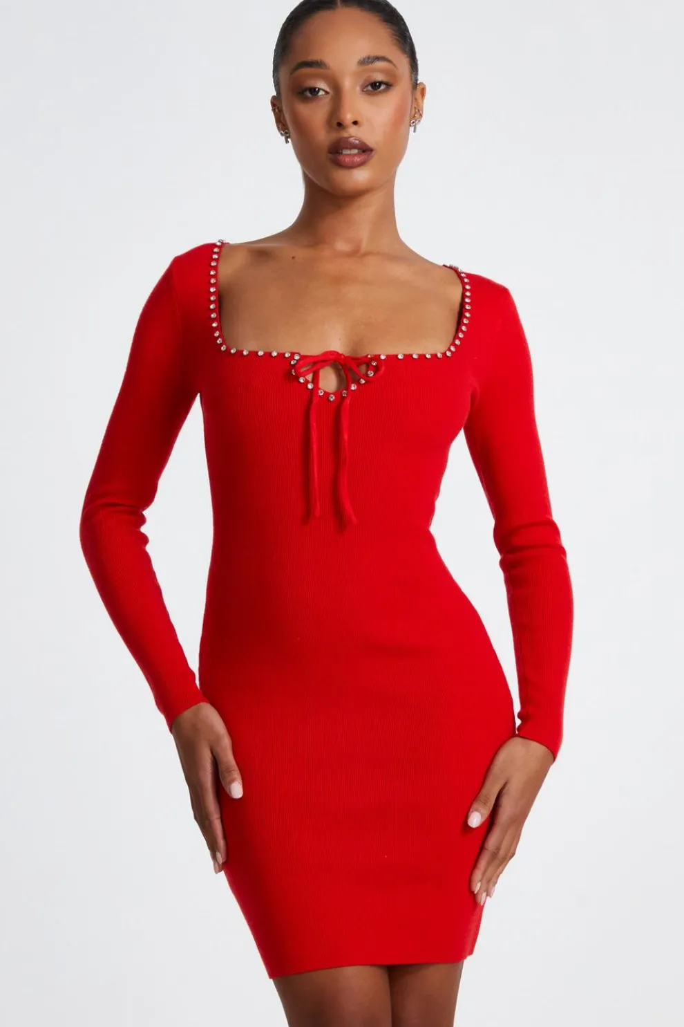 Red Diamante Trim Jumper Dress