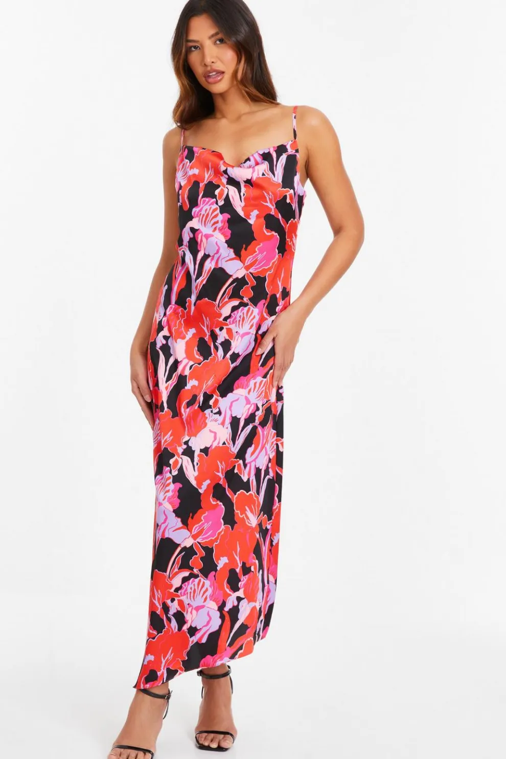 Red Floral Satin Midaxi Dress