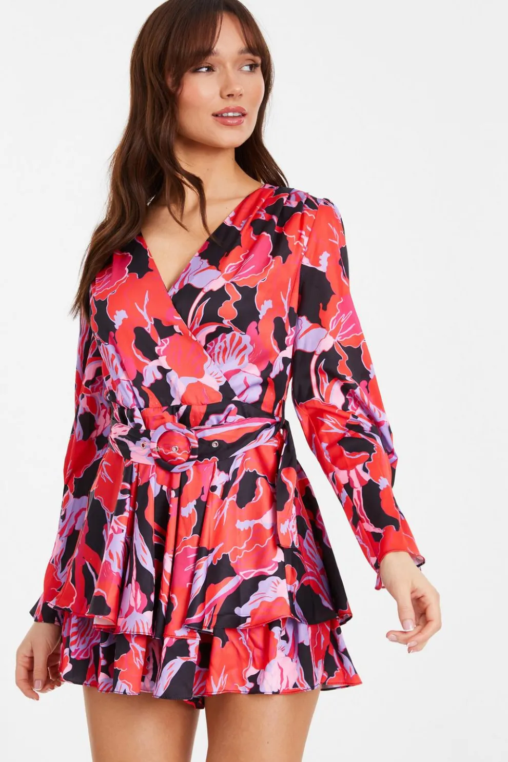 Red Floral Satin Wrap Playsuit