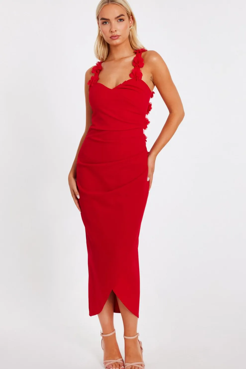 Red Floral Trim Midaxi Dress