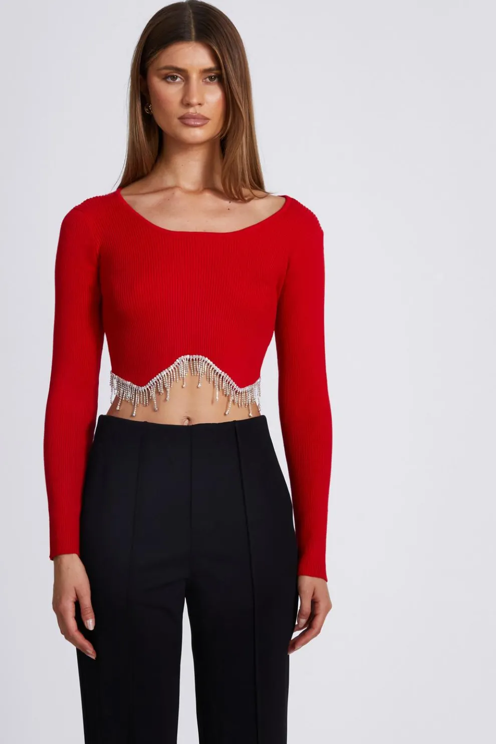 Red Knit Diamante Crop Top