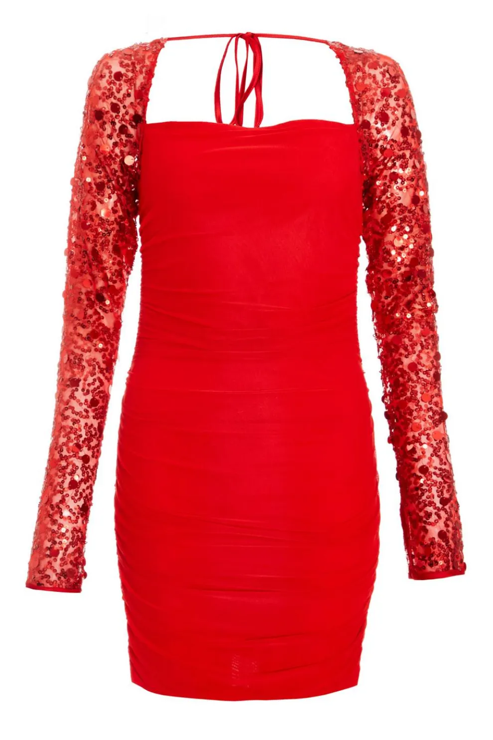 Red Mesh Embellished Sleeves Mini Dress