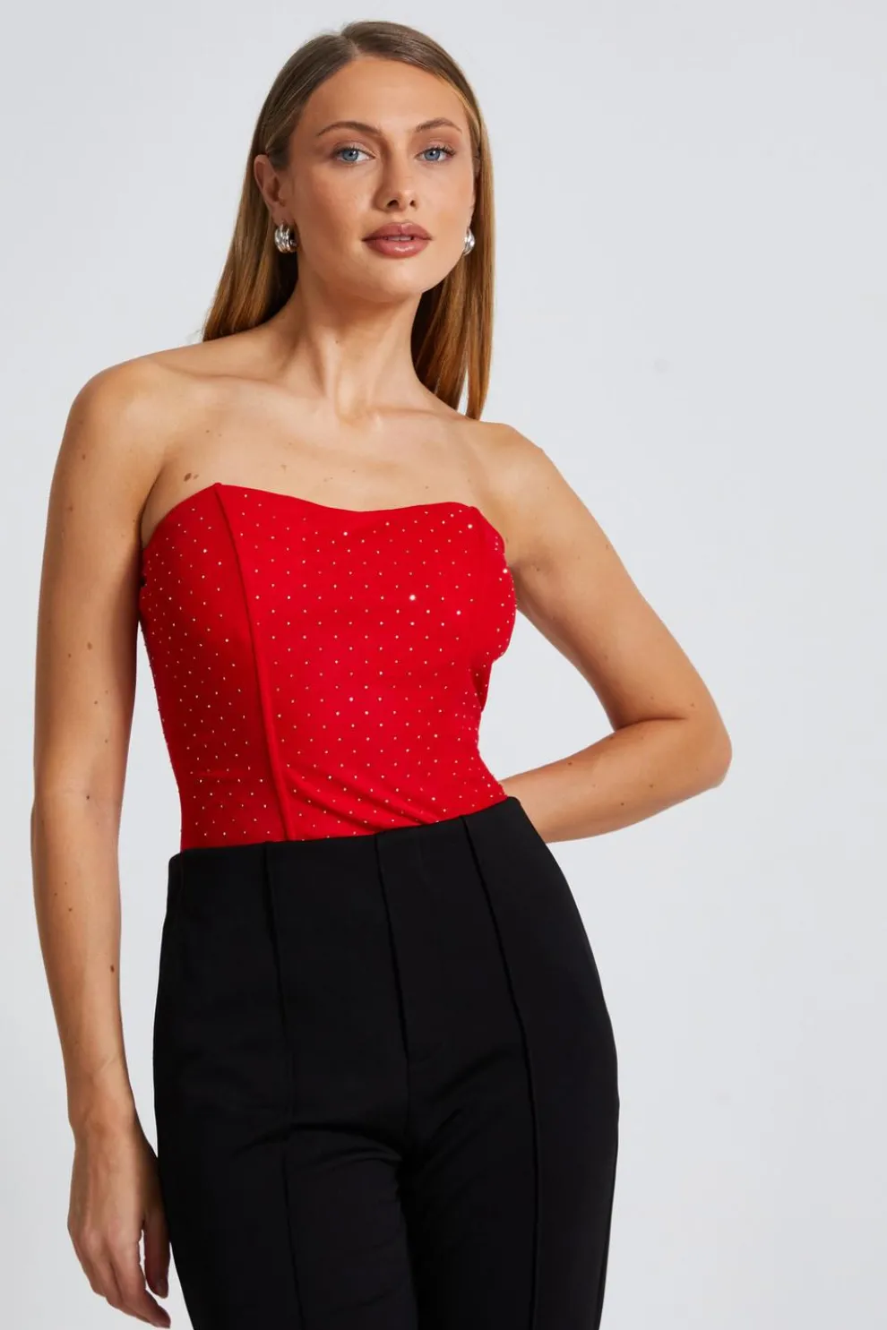 Red Mesh Embellished Bodysuit