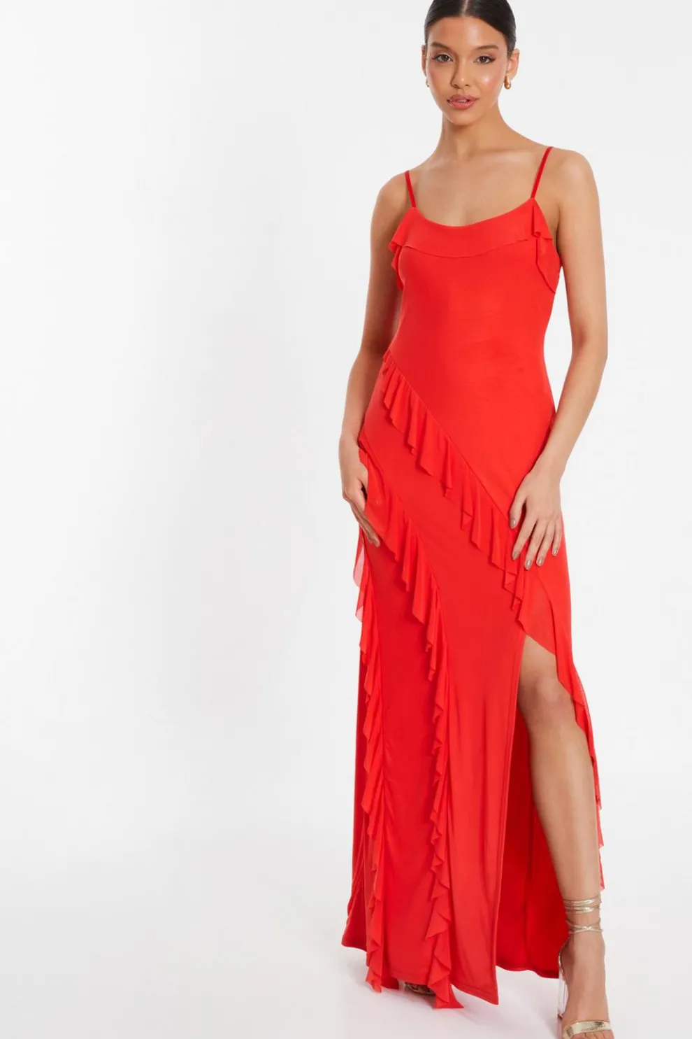 Red Mesh Ruffle Maxi Dress