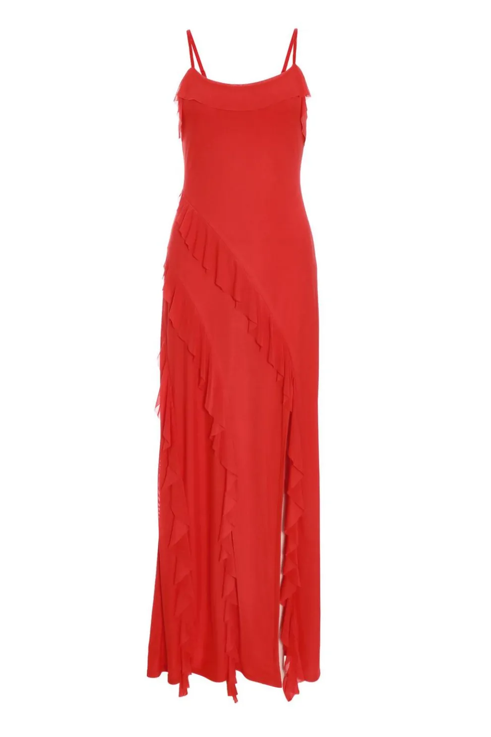 Red Mesh Ruffle Maxi Dress