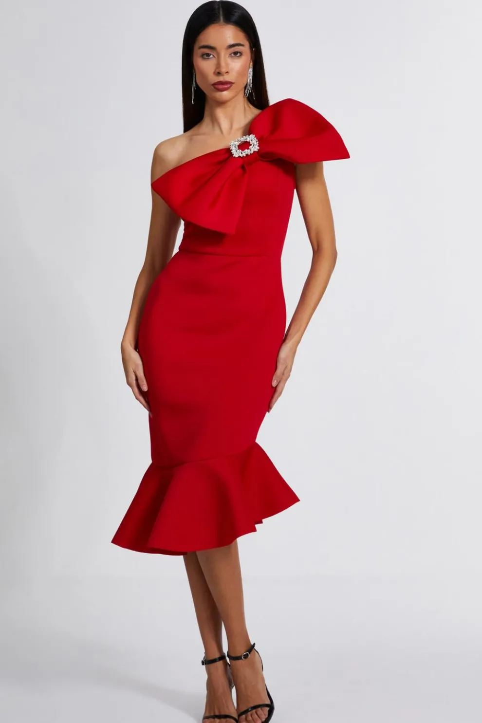 Red One Shoulder Bow Midi Dress