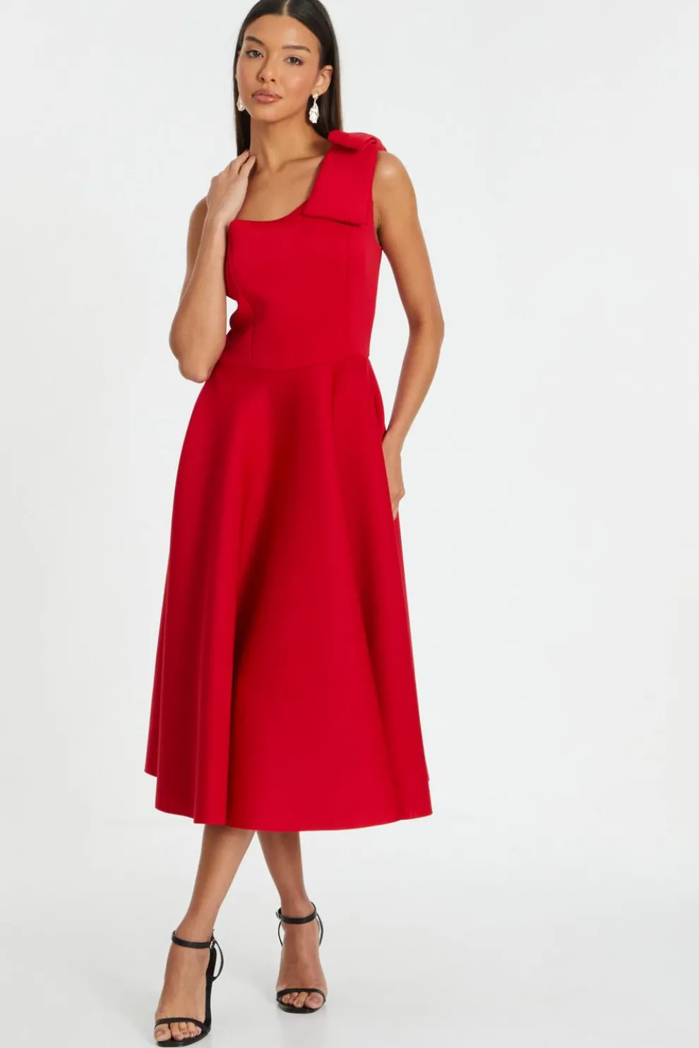 Red One Shoulder Bow Skater Midi Dress