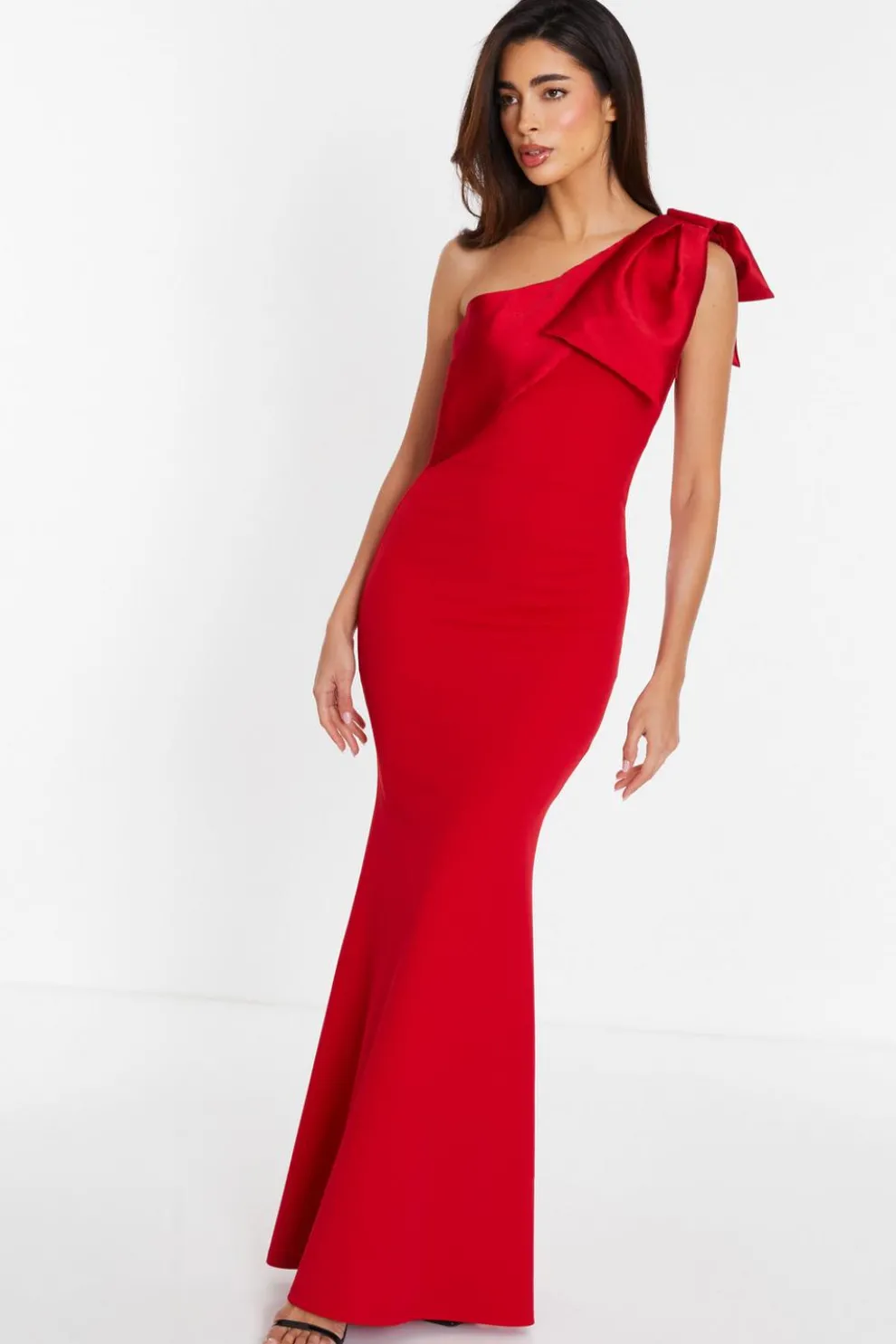 Red One Shoulder Bow Maxi Dress