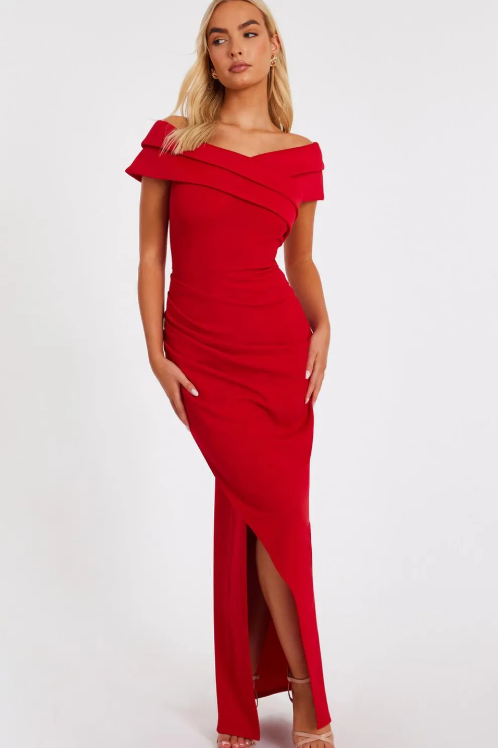 Red Pleated Bardot Maxi Dress