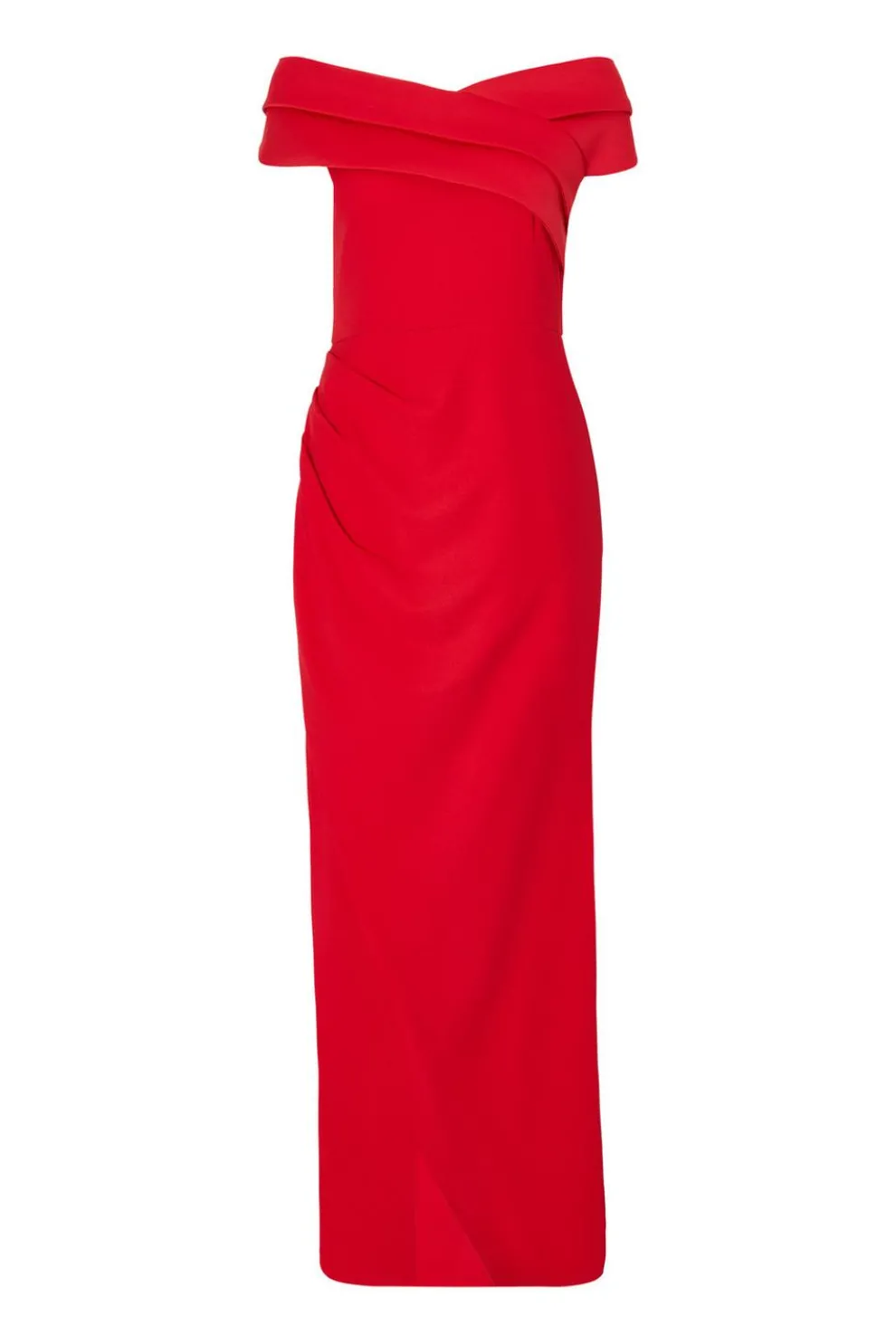 Red Pleated Bardot Maxi Dress